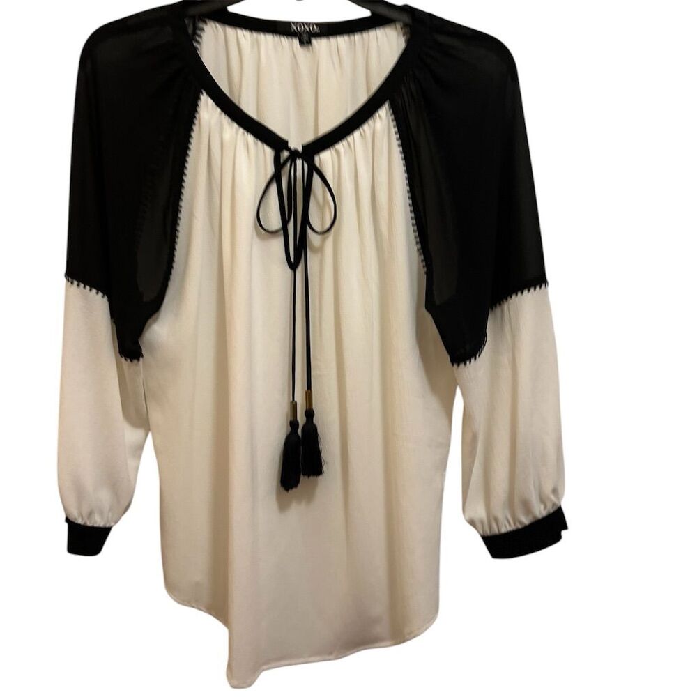 XOXO Women's Black and White Peasant Blouse Size S Long Sleeve Tie-Front Casual